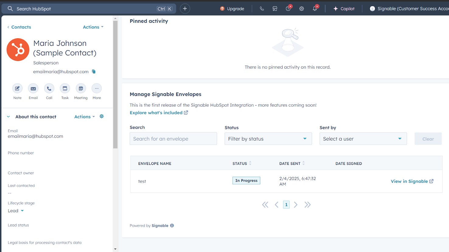 View Signable envelopes directly within HubSpot